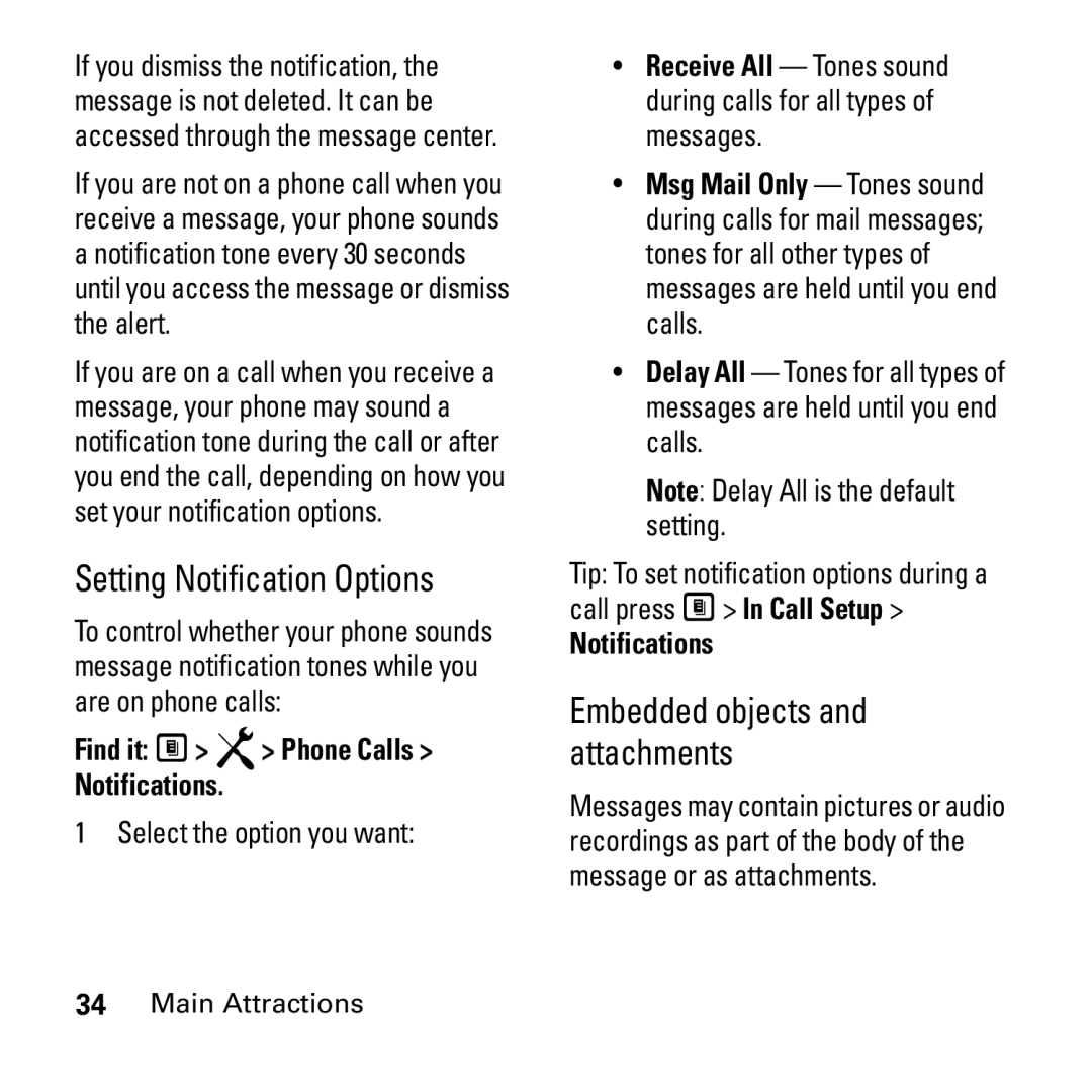 Motorola i290 manual Setting Notification Options, Embedded objects and attachments, Find it M R Phone Calls Notifications 