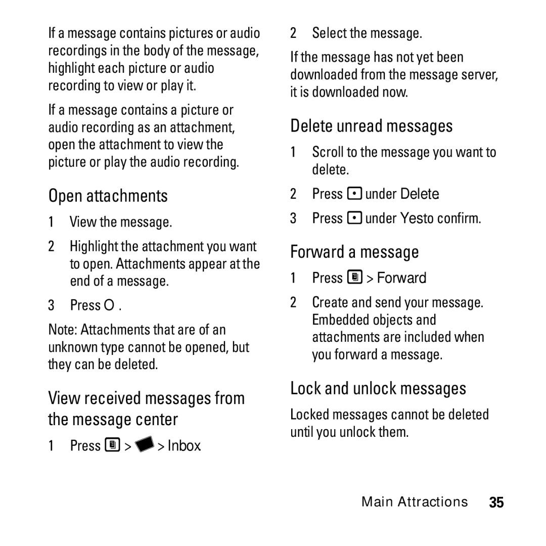 Motorola i290 Open attachments, View received messages from the message center, Delete unread messages, Forward a message 