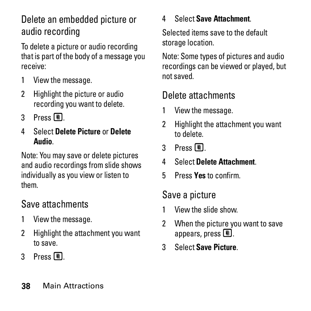 Motorola i290 manual Delete an embedded picture or audio recording, Save attachments, Delete attachments, Save a picture 