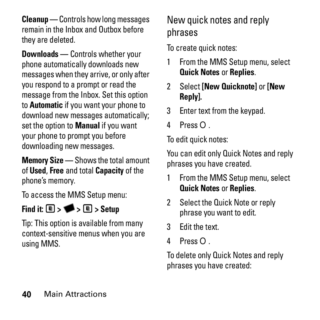 Motorola i290 manual New quick notes and reply phrases, Find it M Y M Setup, Select New Quicknote or New Reply 