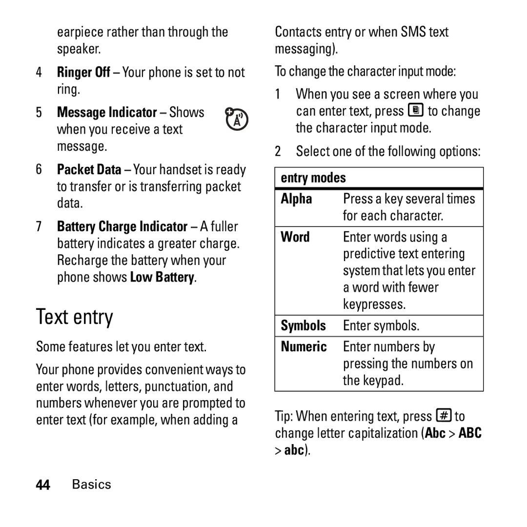 Motorola i290 manual Text entry, Message Indicator Shows, Entry modes, Abc 