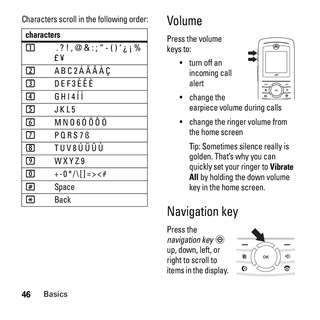 Motorola i290 manual Volume, Navigation key, Characters, Turn off an incoming call alert 