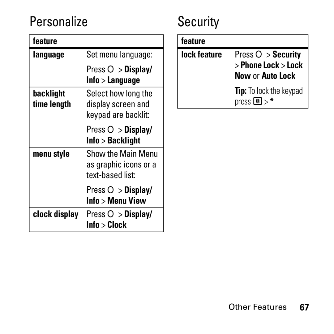 Motorola i290 manual Personalize, Security 