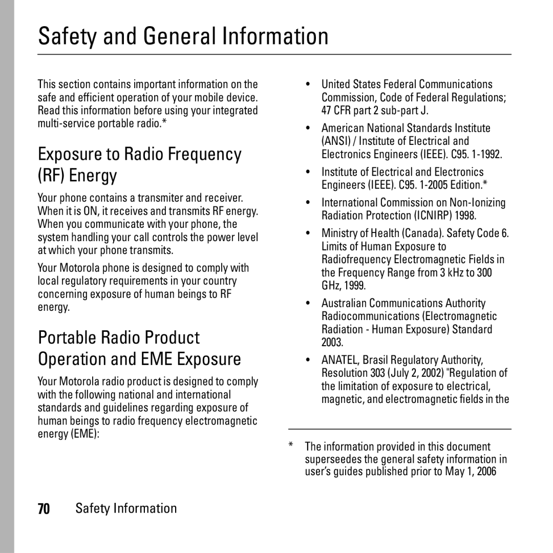 Motorola i290 manual Safety and General Information, Exposure to Radio Frequency RF Energy 