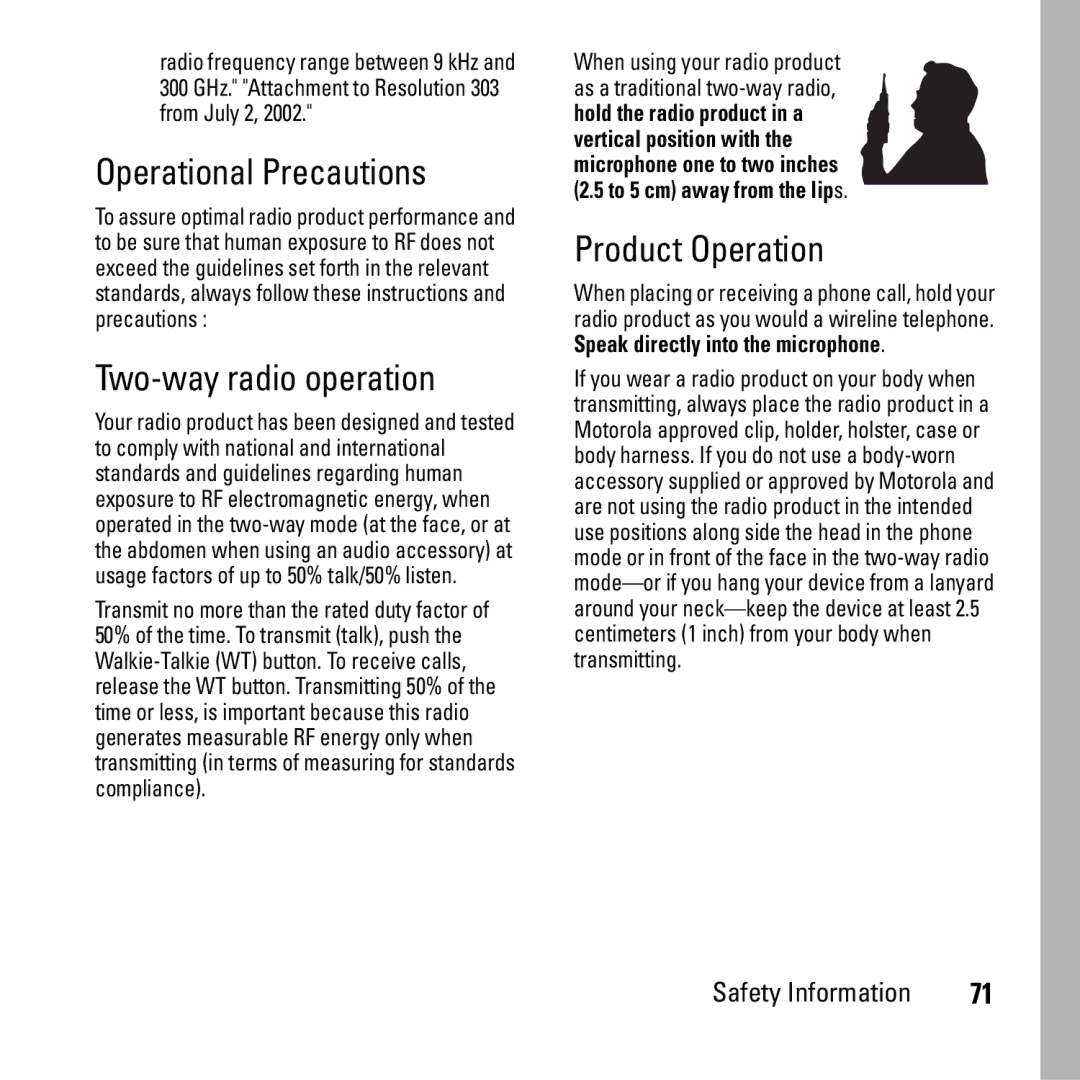 Motorola i290 manual Operational Precautions, Two-way radio operation, Product Operation 