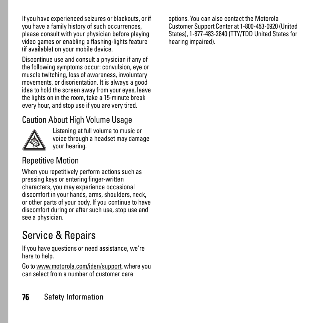 Motorola i290 manual Service & Repairs, Repetitive Motion 