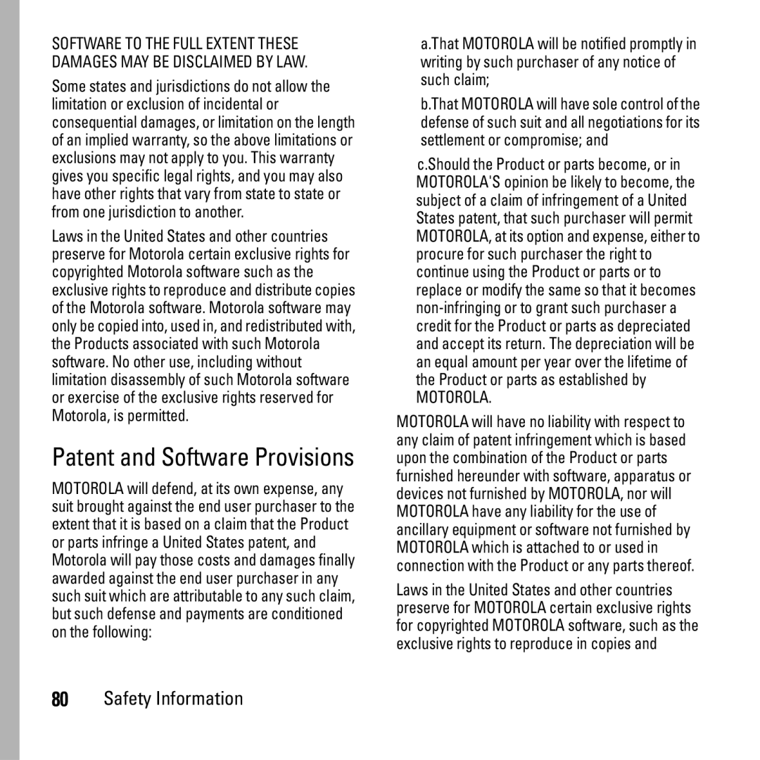 Motorola i290 manual Patent and Software Provisions, Motorola 