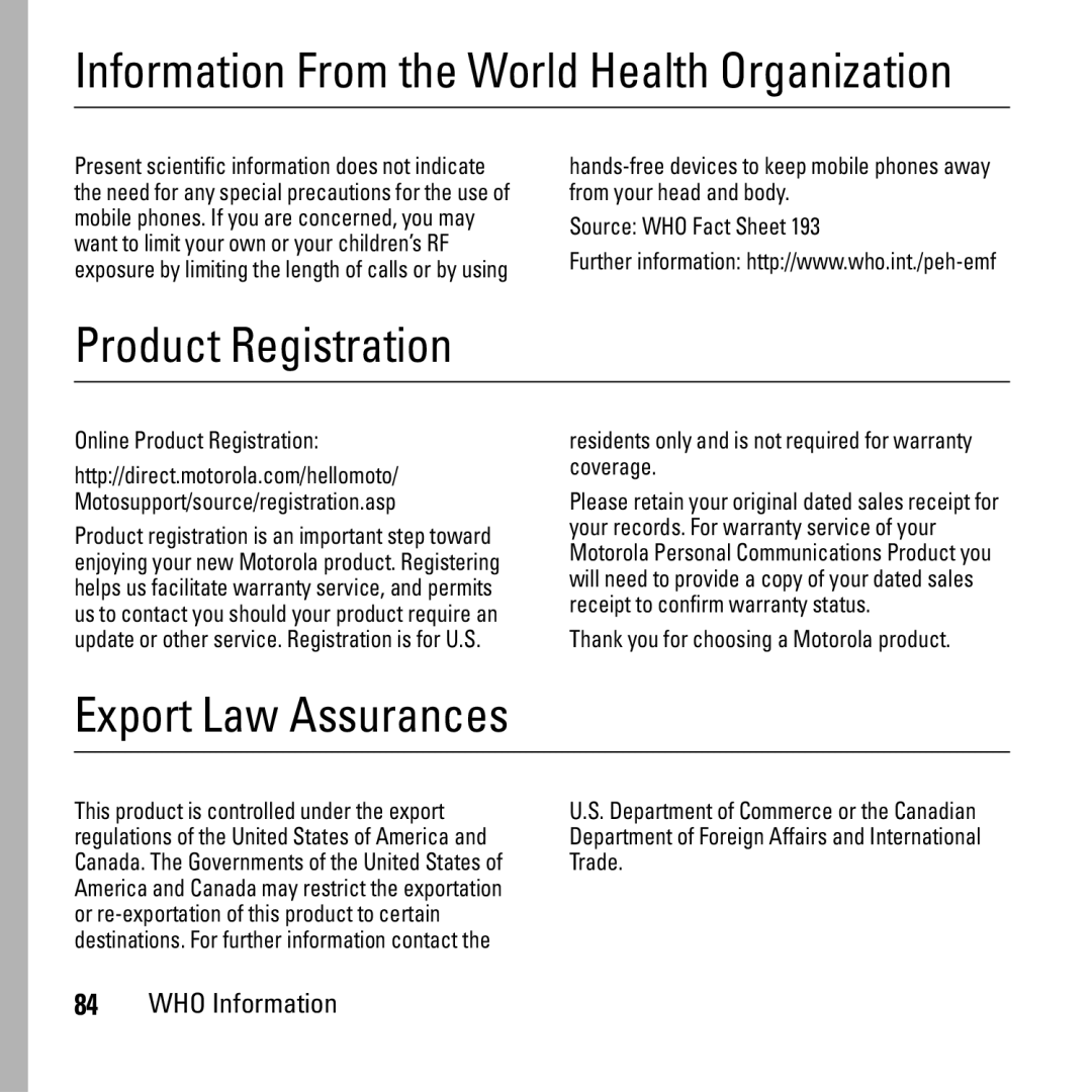 Motorola i290 manual Information From the World Health Organization, Product Registration, Export Law Assurances 