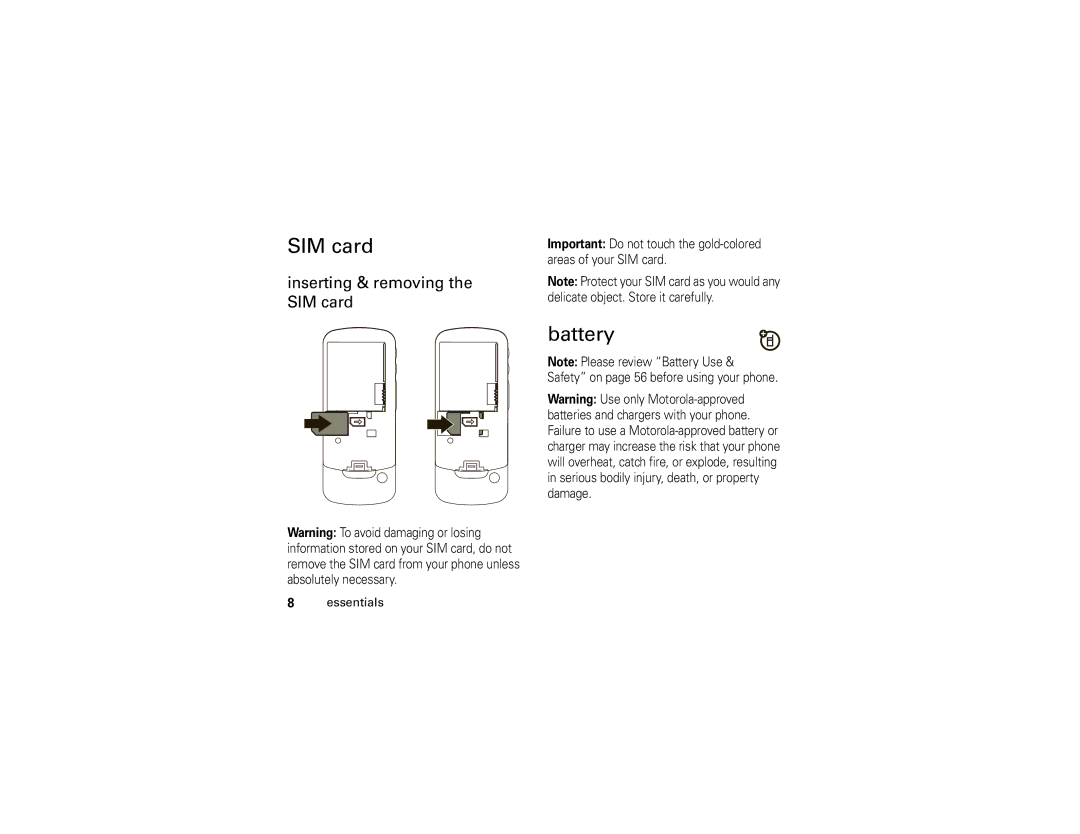 Motorola i296 manual Battery, Inserting & removing the SIM card 