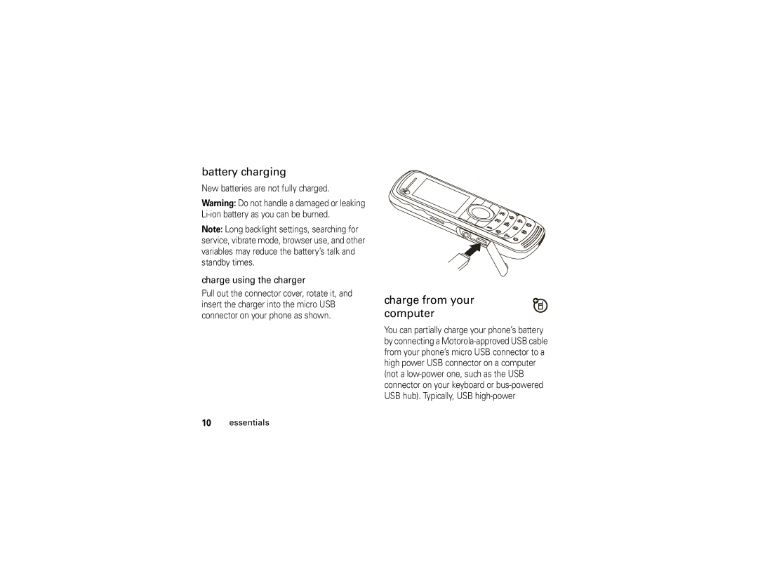 Motorola i296 manual Battery charging, Charge from your computer 