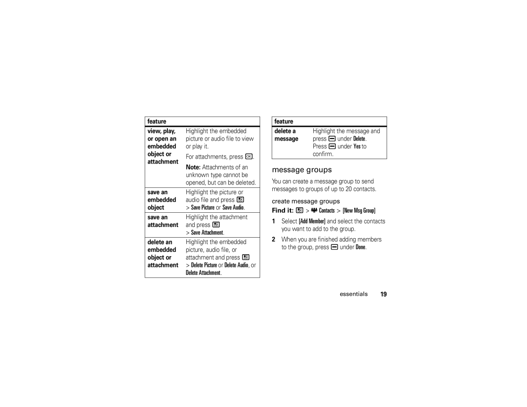 Motorola i296 manual Message groups, Save Attachment, Delete Attachment, Find it / e Contacts New Msg Group 