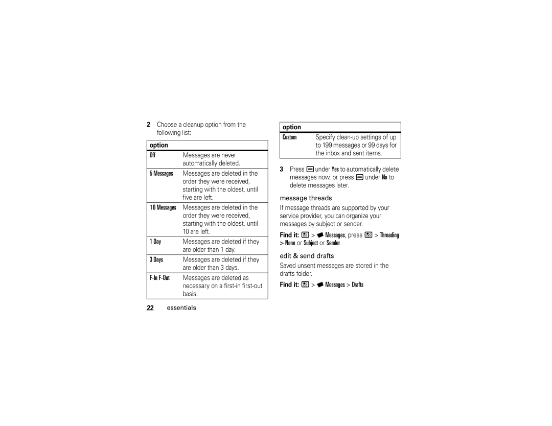 Motorola i296 manual Off, Days, F-Out, Find it / Y Messages Drafts 