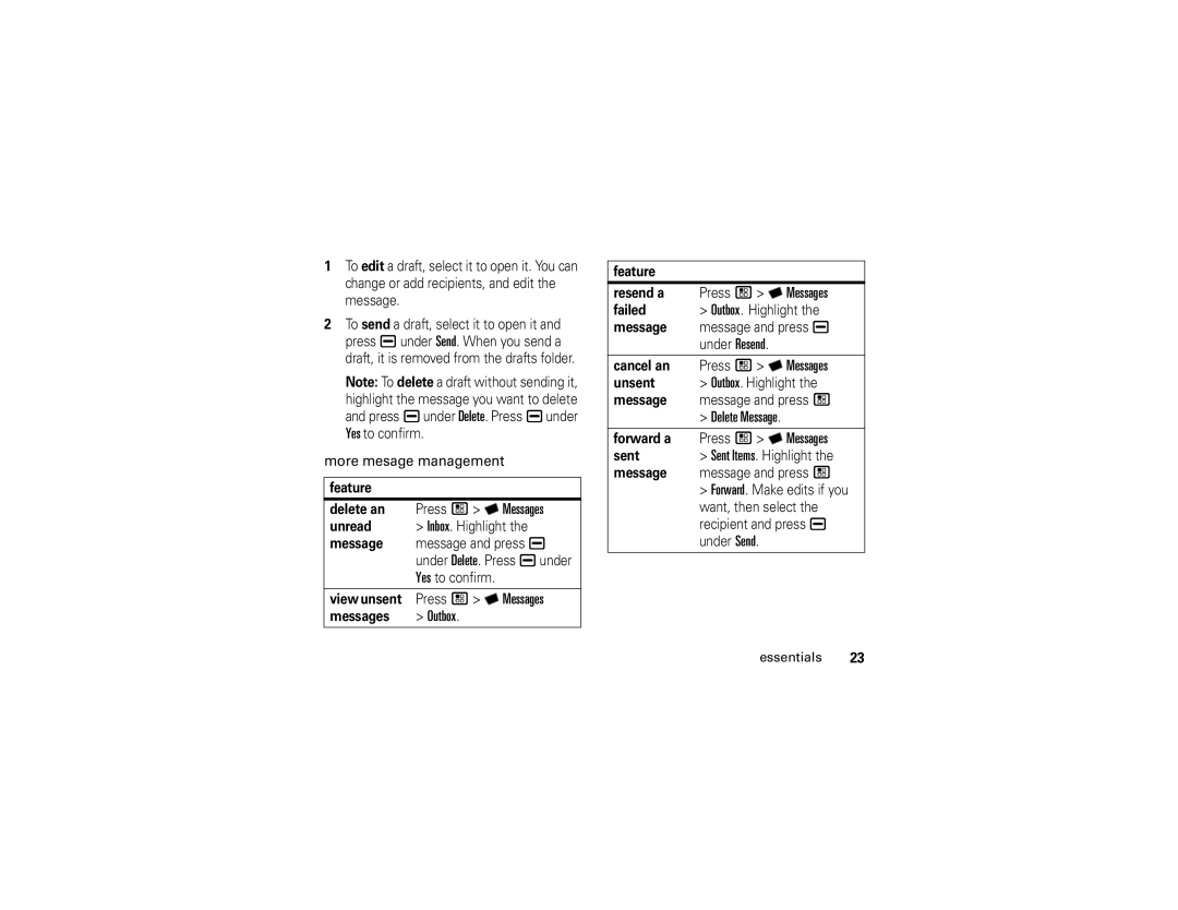 Motorola i296 manual Press / Y Messages, Outbox, Delete Message 