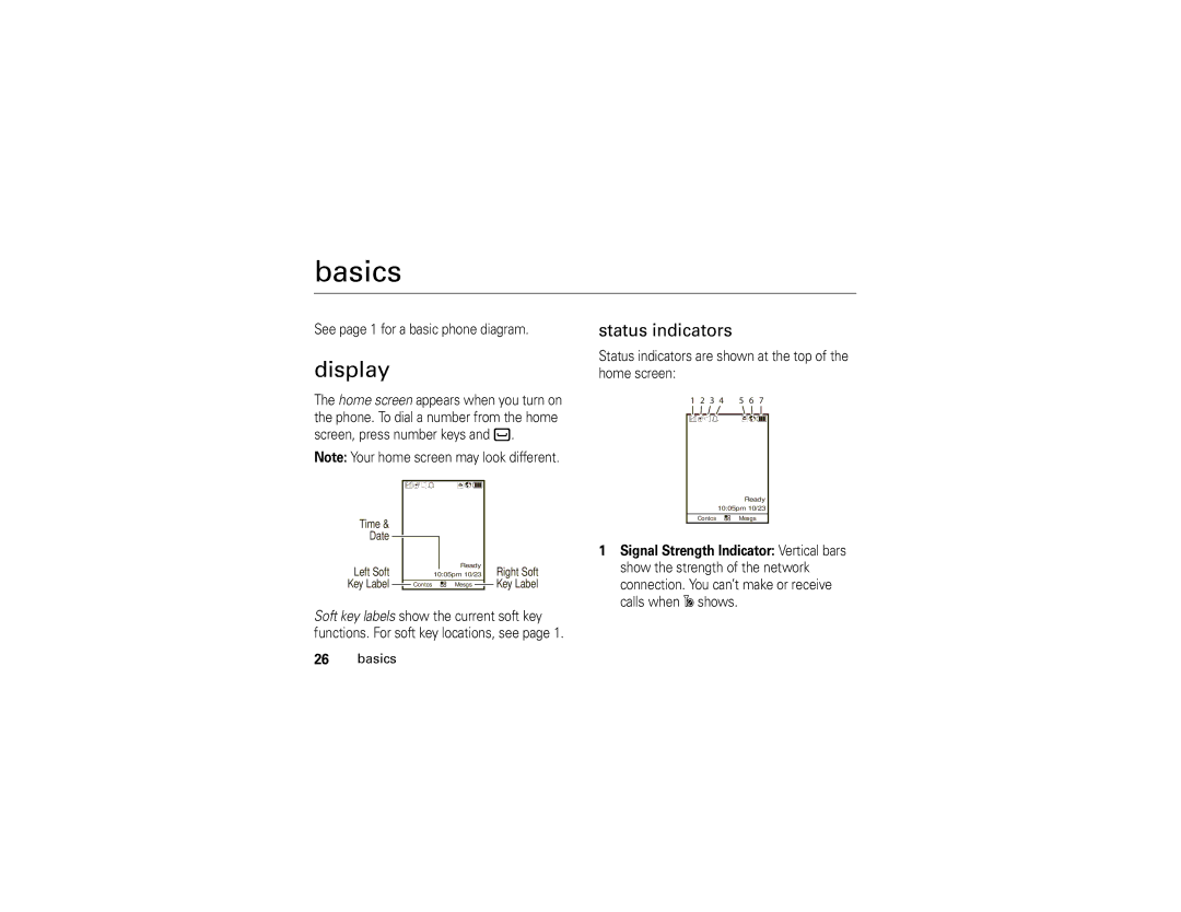 Motorola i296 manual Basics, Display, Status indicators 