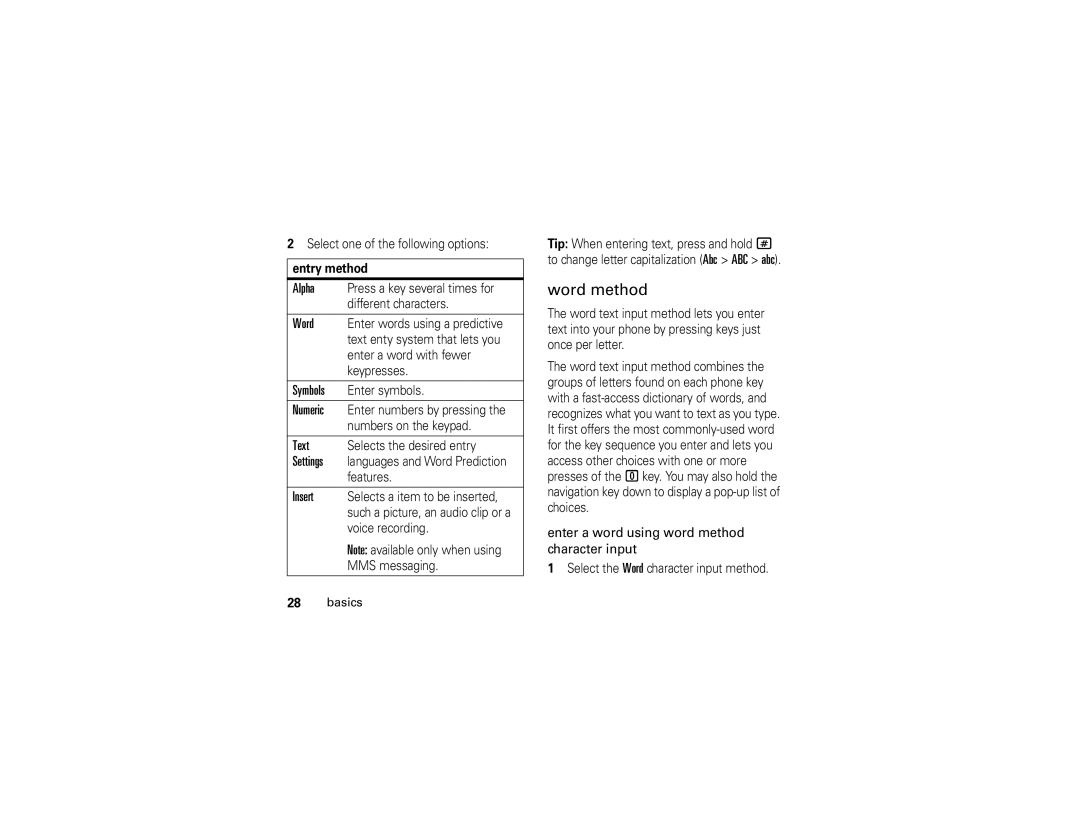 Motorola i296 manual Word method, Select one of the following options, Entry method 