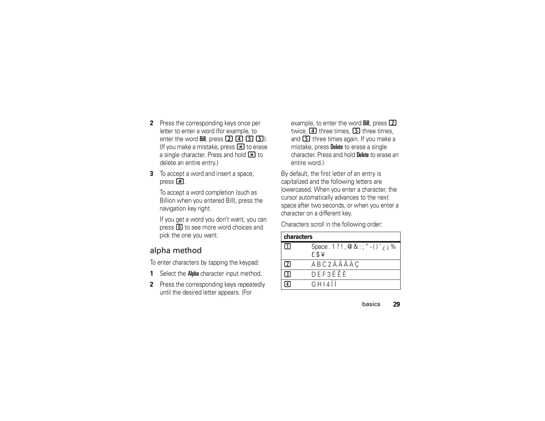 Motorola i296 manual Alpha method, Characters 