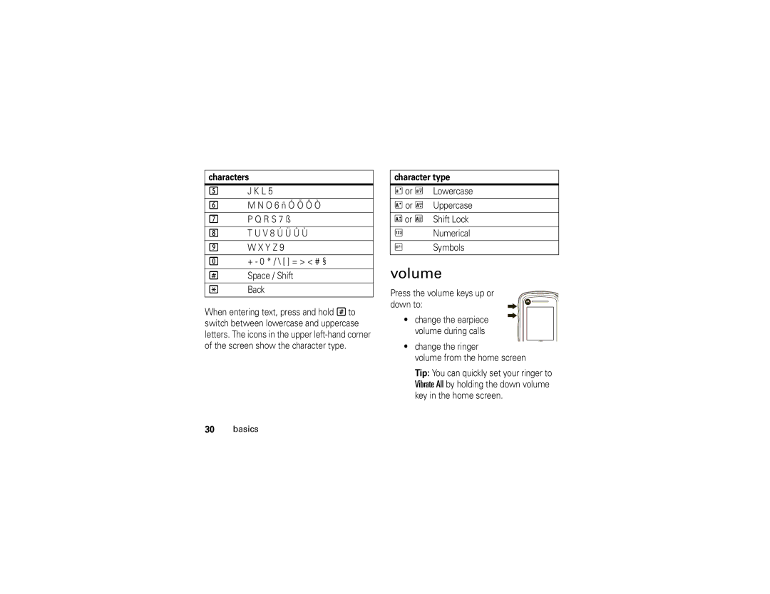 Motorola i296 manual Volume, Character type 