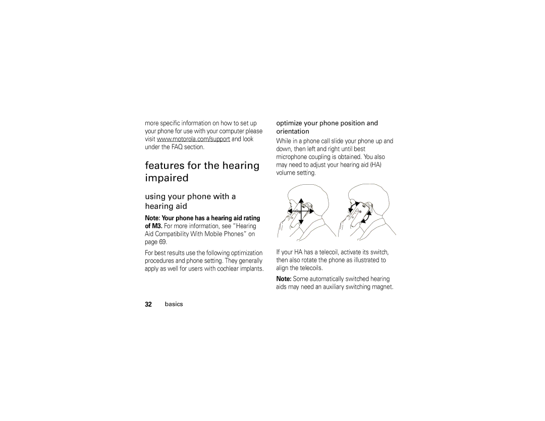 Motorola i296 manual Features for the hearing impaired, Using your phone with a hearing aid 