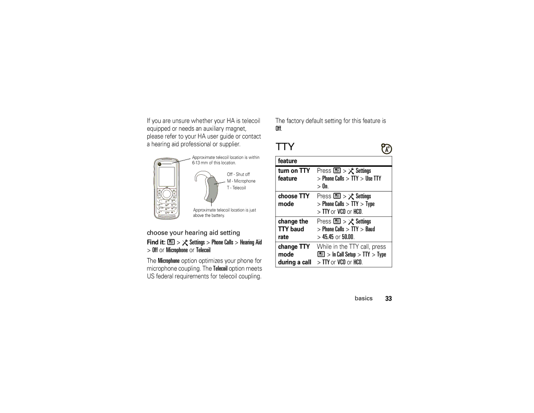 Motorola i296 manual Off or Microphone or Telecoil, Press / R Settings, TTY or VCO or HCO, 45.45 or 