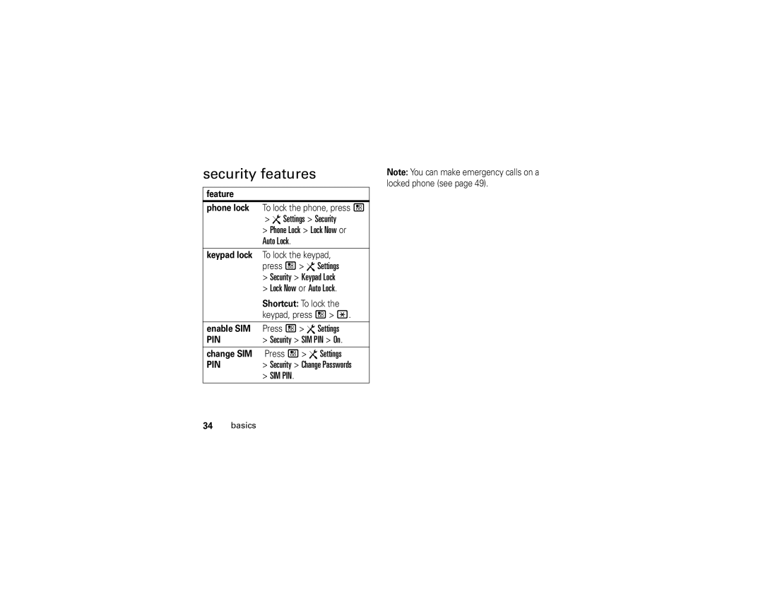 Motorola i296 manual Security features, Settings Security, Auto Lock 