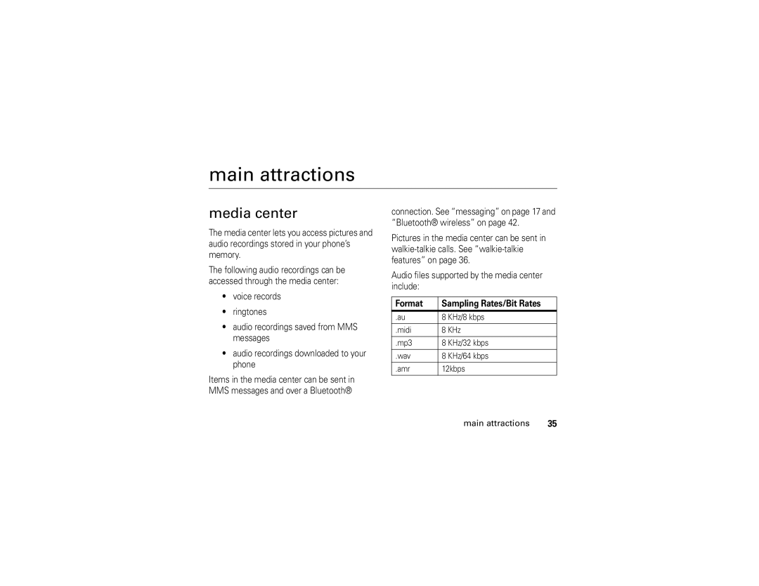 Motorola i296 manual Main attractions, Media center, Format Sampling Rates/Bit Rates 