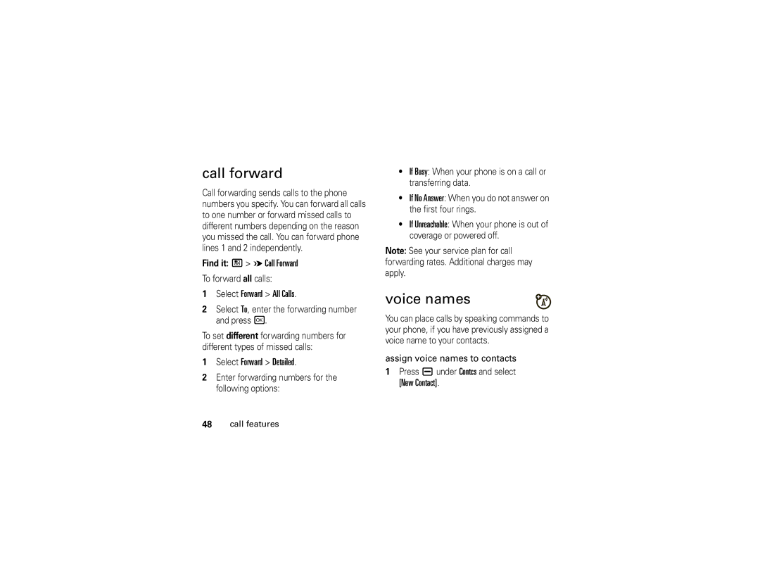 Motorola i296 manual Call forward, Voice names 