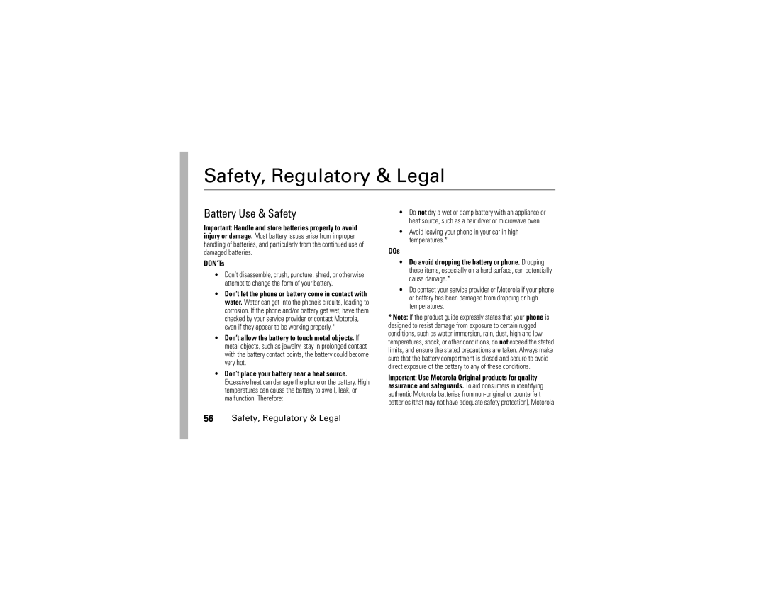 Motorola i296 manual Safety, Regulatory & Legal, Battery Use & Safety 