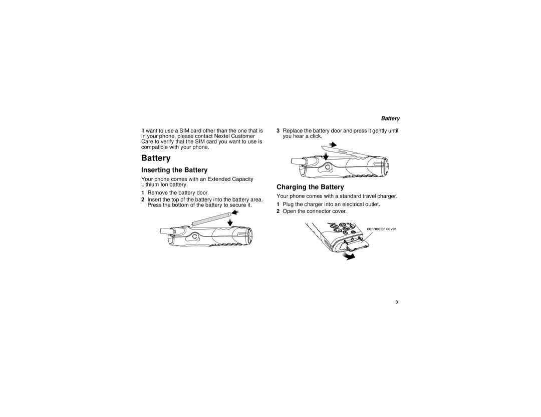 Motorola i305 manual Inserting the Battery, Charging the Battery 