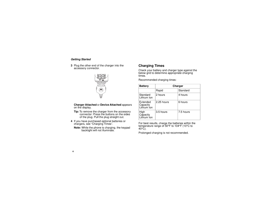 Motorola i305 manual Charging Times, Charger Attached or Device Attached appears on the display, Battery Charger 