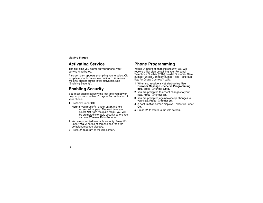 Motorola i305 manual Activating Service, Enabling Security, Phone Programming 