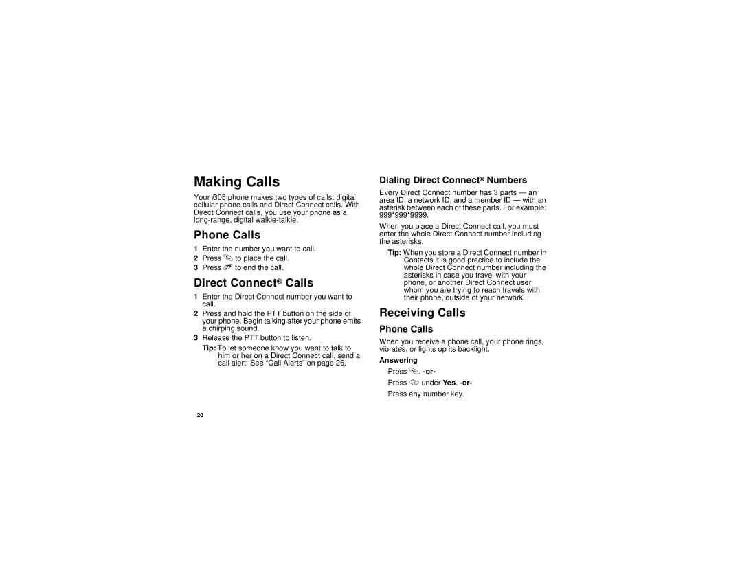 Motorola i305 manual Making Calls, Phone Calls, Direct Connect Calls, Receiving Calls 