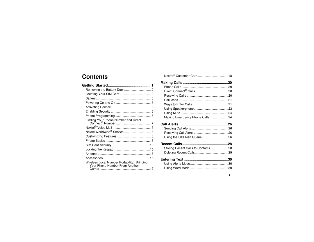 Motorola i305 manual Contents 