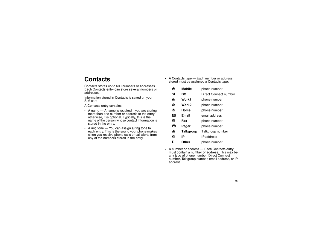 Motorola i305 manual Contacts 