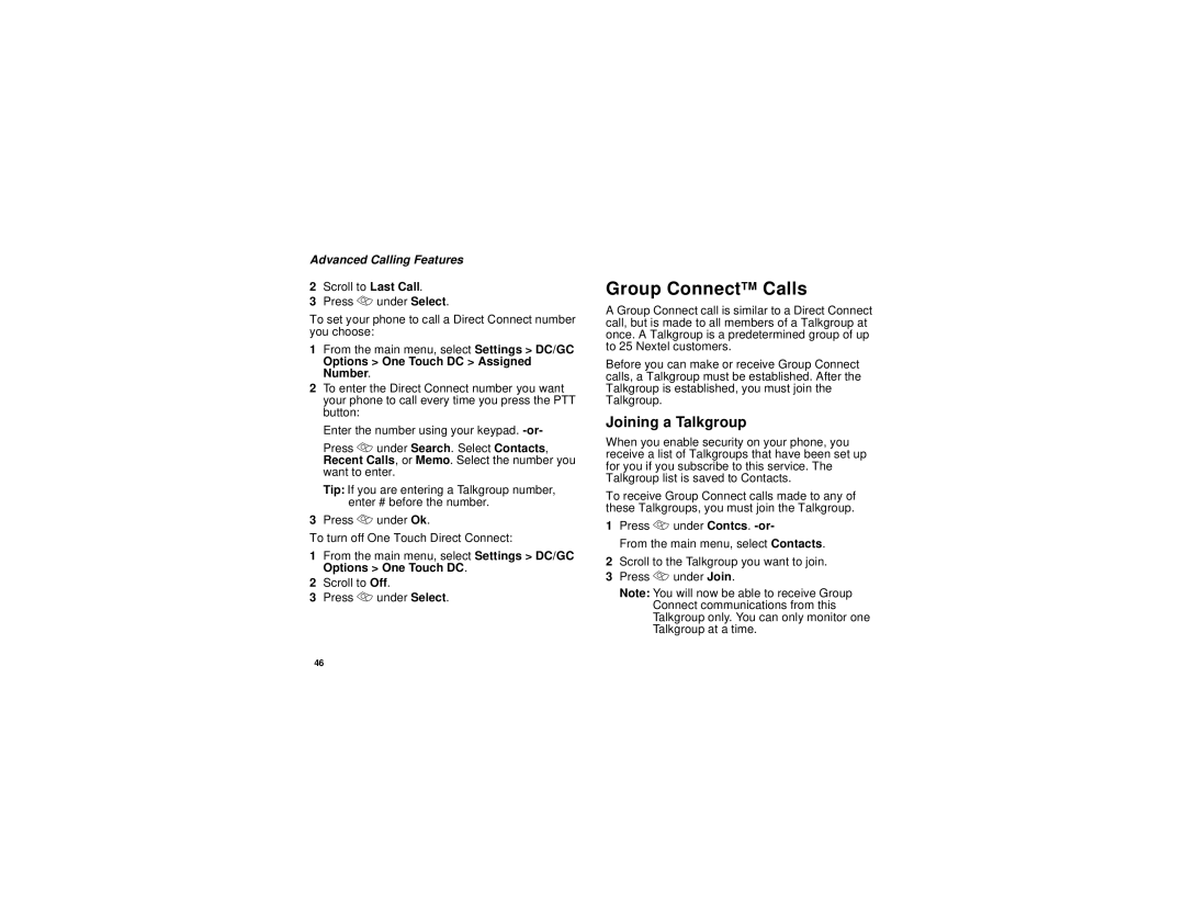 Motorola i305 manual Group ConnectTM Calls, Joining a Talkgroup, Options One Touch DC Assigned Number 