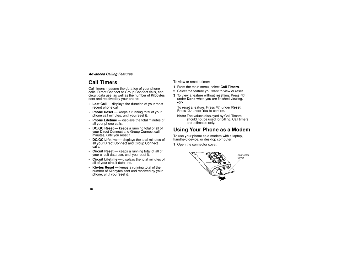 Motorola i305 manual Call Timers, Using Your Phone as a Modem 