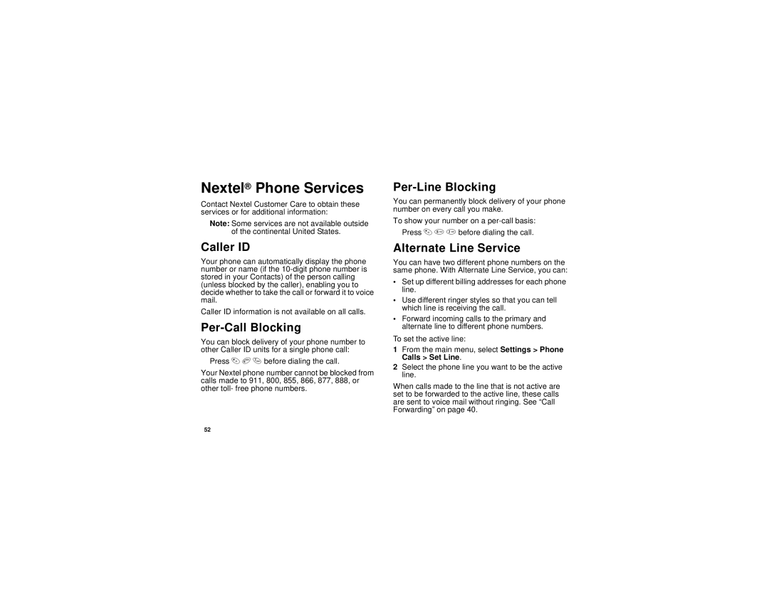 Motorola i305 manual Nextel Phone Services, Caller ID, Per-Call Blocking, Per-Line Blocking, Alternate Line Service 