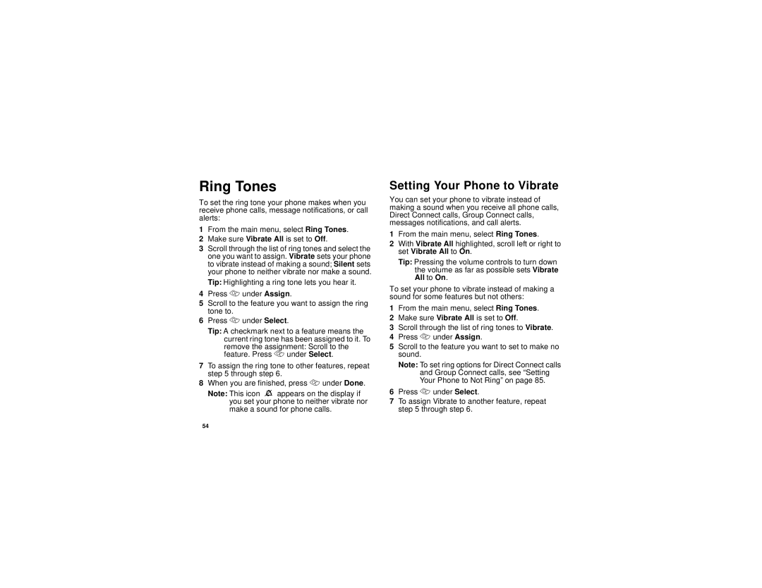 Motorola i305 manual Ring Tones, Setting Your Phone to Vibrate 