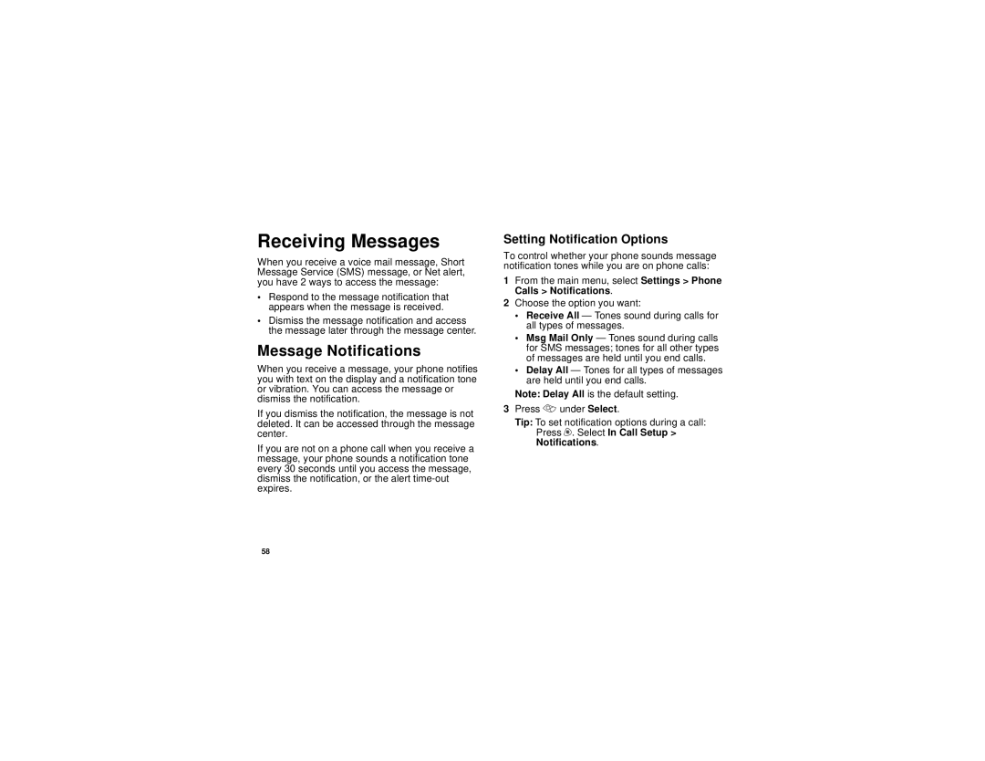 Motorola i305 manual Receiving Messages, Message Notifications, Setting Notification Options 