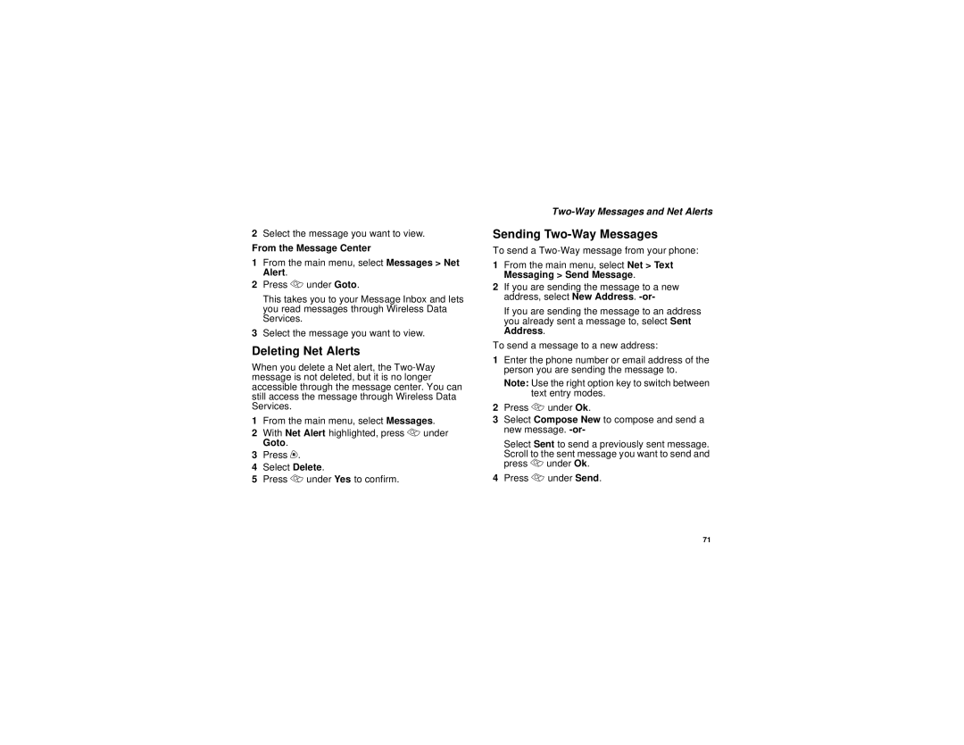 Motorola i305 Deleting Net Alerts, Sending Two-Way Messages, From the Message Center, Two-Way Messages and Net Alerts 