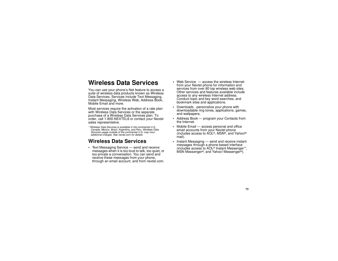 Motorola i305 manual Wireless Data Services 