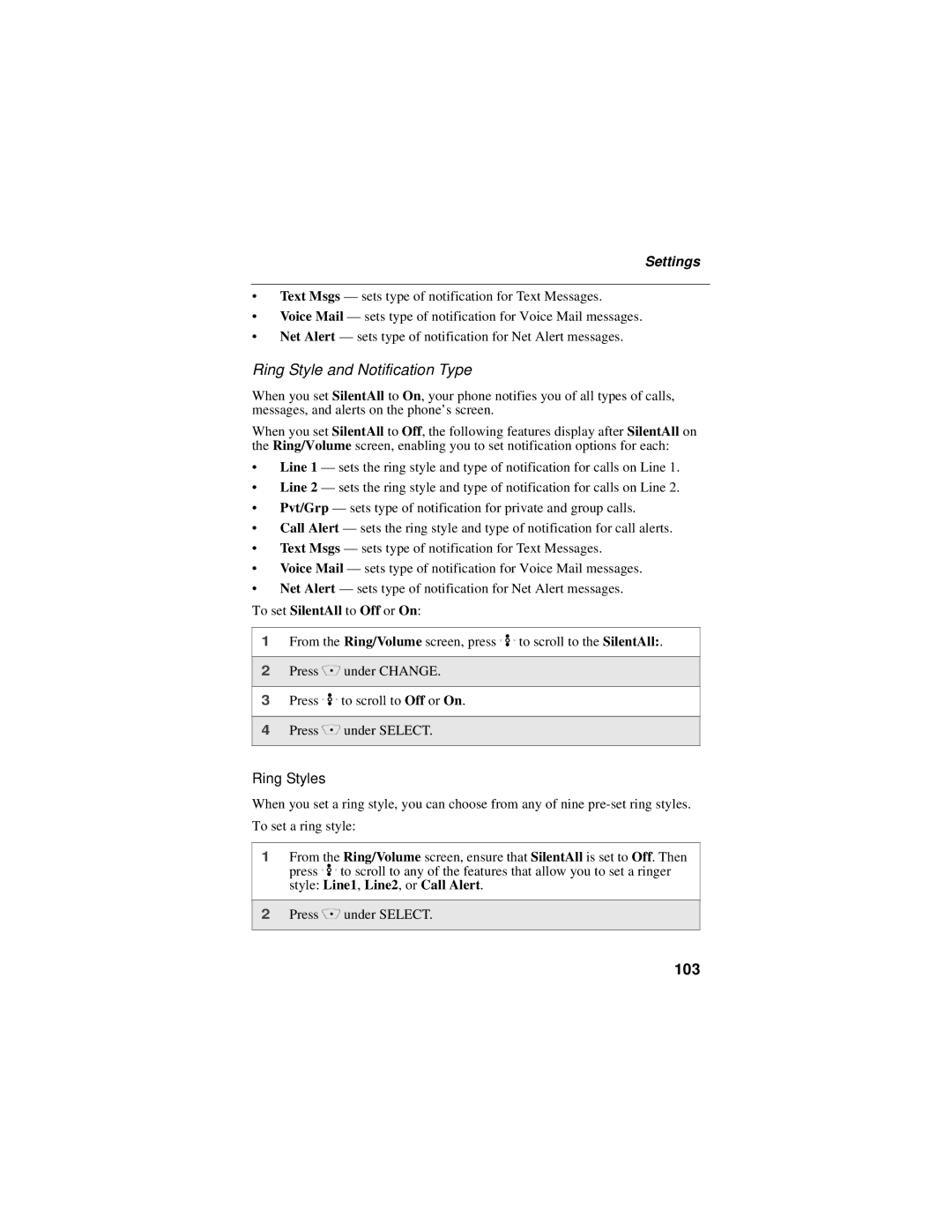 Motorola i30sx manual Ring Style and Notification Type, 103, To set SilentAll to Off or On 