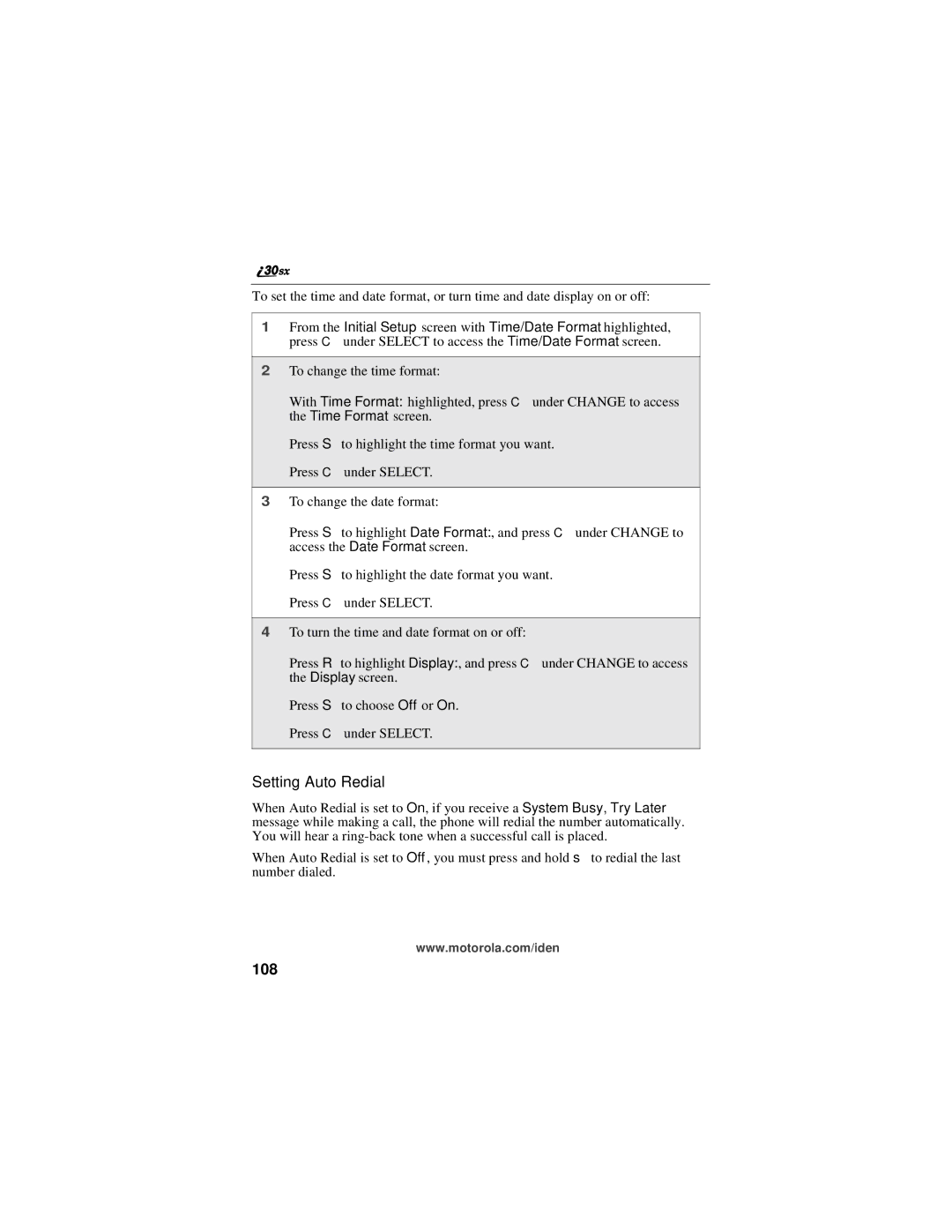 Motorola i30sx manual Setting Auto Redial, 108 