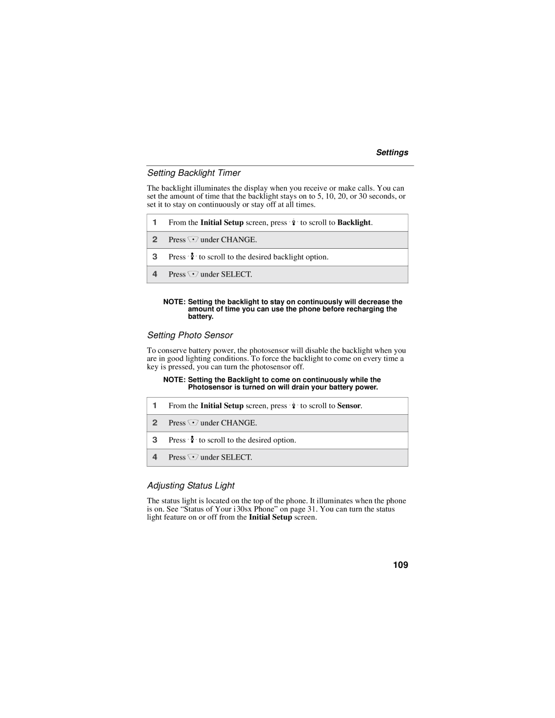 Motorola i30sx manual Setting Backlight Timer, Setting Photo Sensor, Adjusting Status Light, 109 