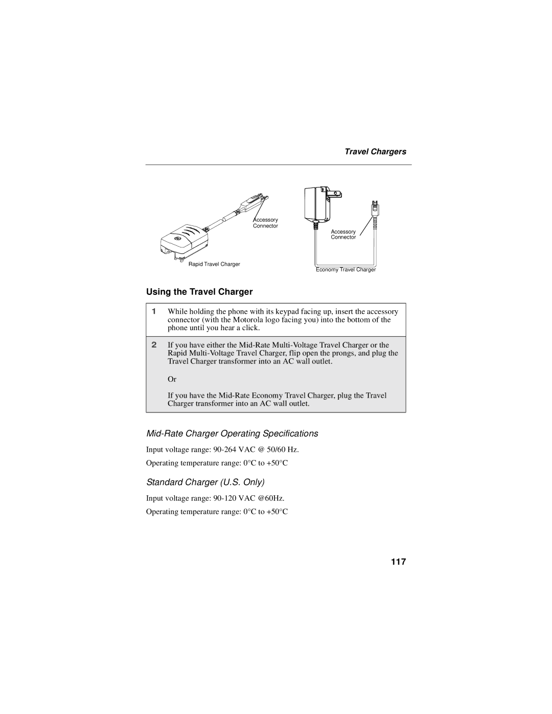 Motorola i30sx manual Using the Travel Charger, Mid-Rate Charger Operating Specifications, Standard Charger U.S. Only, 117 