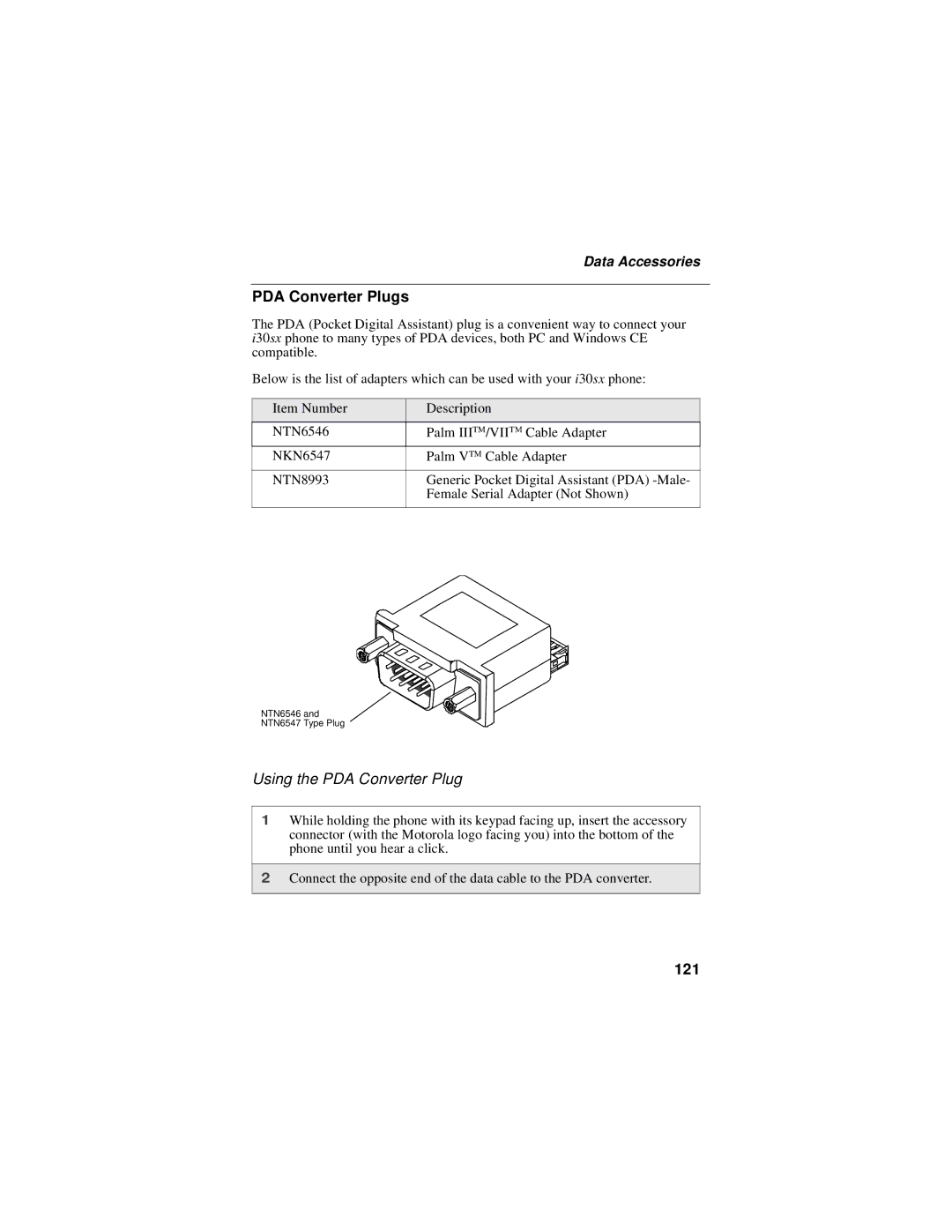 Motorola i30sx manual PDA Converter Plugs, Using the PDA Converter Plug, 121 