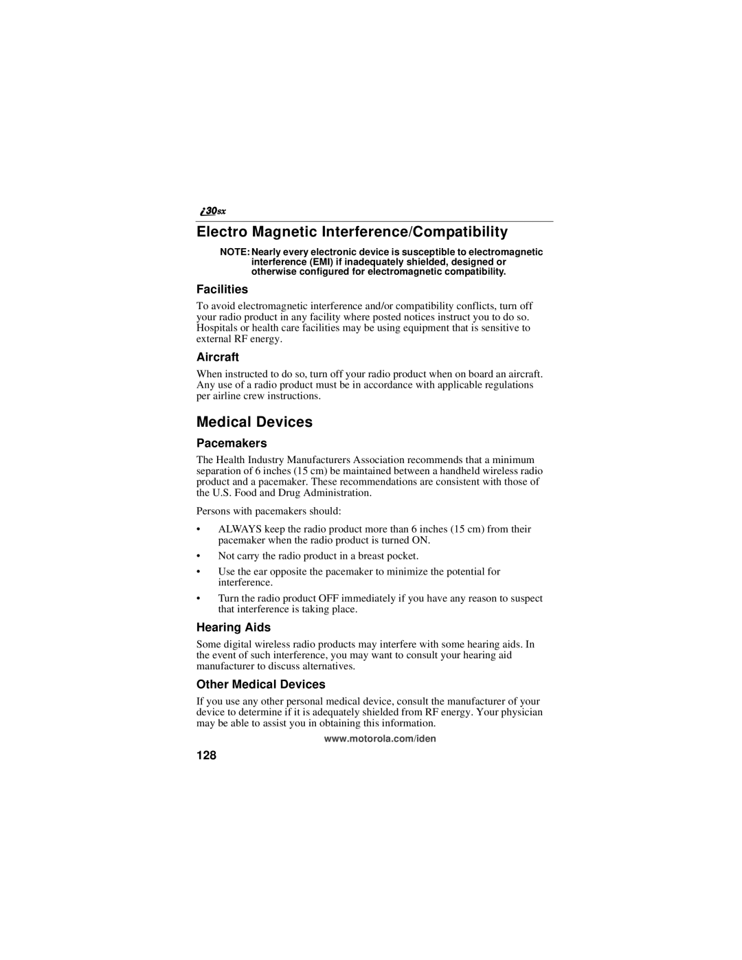 Motorola i30sx manual Electro Magnetic Interference/Compatibility, Medical Devices 