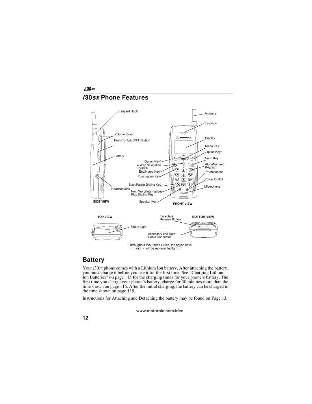 Motorola i30sx manual 30sx Phone Features, Battery 