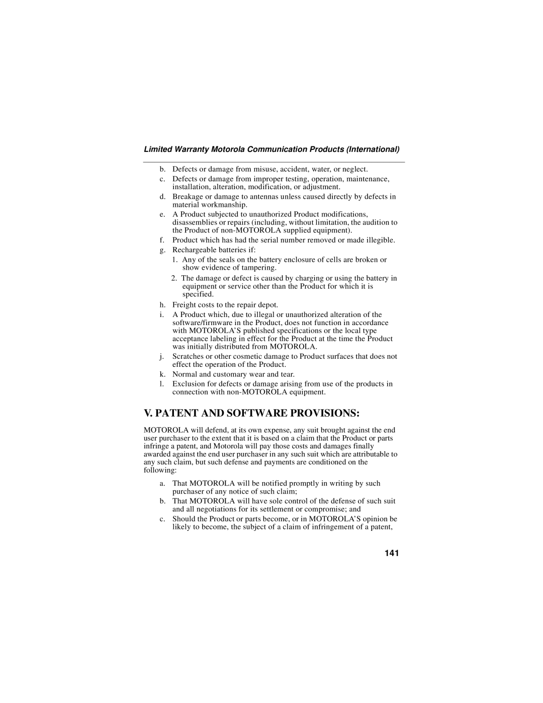 Motorola i30sx manual Patent and Software Provisions, 141 