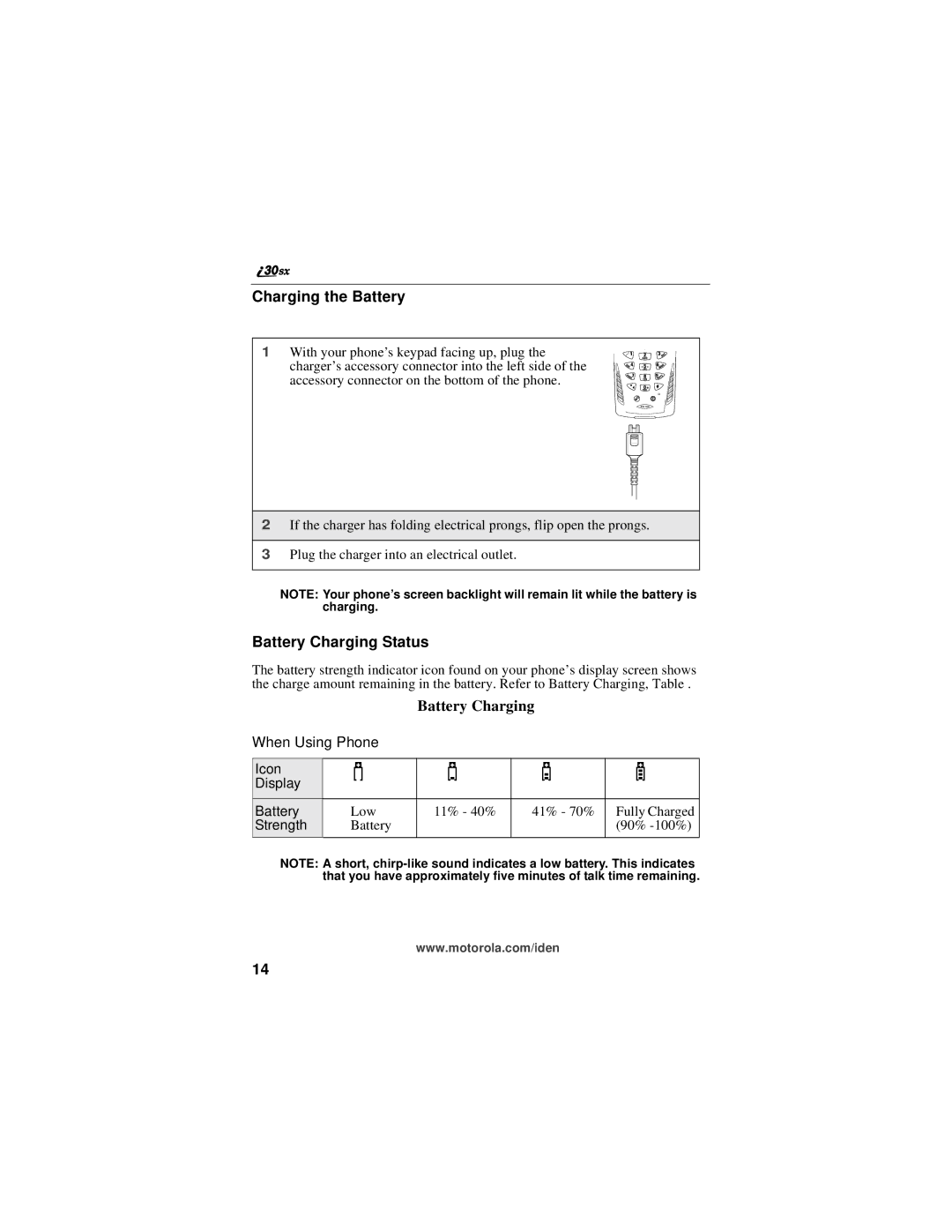 Motorola i30sx manual Charging the Battery, Battery Charging Status 