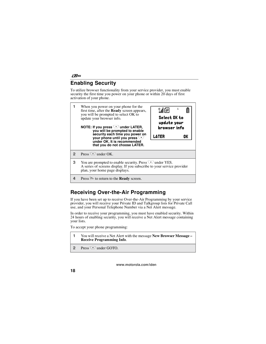 Motorola i30sx manual Enabling Security, Receiving Over-the-Air Programming 